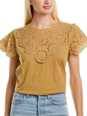 J CREW S Top Embroidered Eyelet Flutter Sleeve Honey Gold Yellow Scalloped Muted
